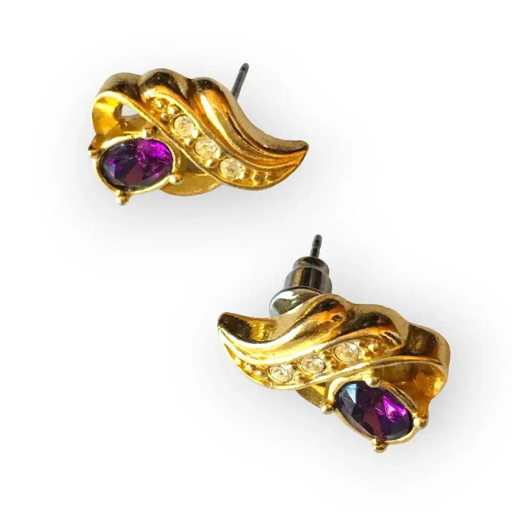 AVON gold tone faux amethyst birth stone stud earrings